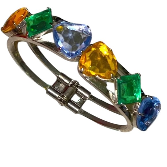 Vintage Colorful Rhinestone Heart Silver Tone Clamp Clamper Bracelet - Picture 4 of 6